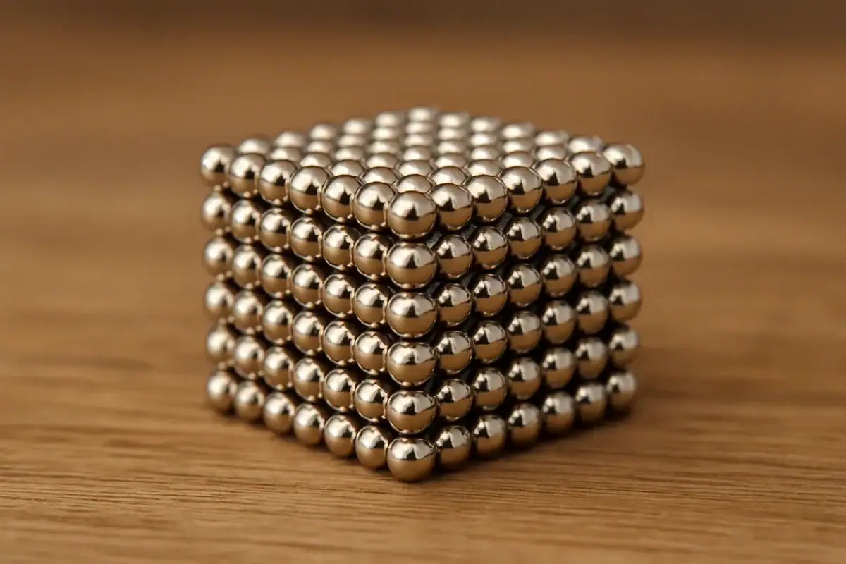 Cubo di sfere di magneti metallici argentati impilati, oggetto decorativo scientifico su superficie di legno.