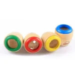 Set di palline di legno con anelli colorati (verde, rosso, giallo, blu) ideali per giochi educativi e decorazioni scientifiche.