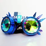 Occhiali da sole con cristalli colorati e dettagli metallici, ispirati a oggetti scientifici, ideali come decorazione originale o accessorio divertente.