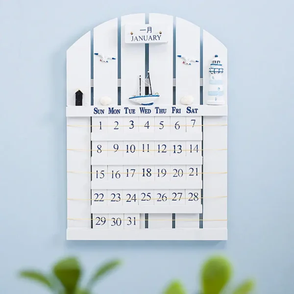 Orologio calendario decorativo con elementi scientifici, include un calendario mensile, barche e strumenti di laboratorio in stile moderno e minimalista.