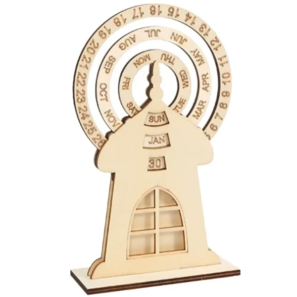 Calendario perpetuo in legno con struttura a forma di casa e dettagli di mesi, giorni e date, ideale come decorazione scientifica e oggetto da collezione.