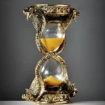Orologio a clessidra decorato con dettagli di draghi in metallo dorato, simbolo di tempo e fortuna, perfetto come oggetto decorativo scientifico e simbolico.