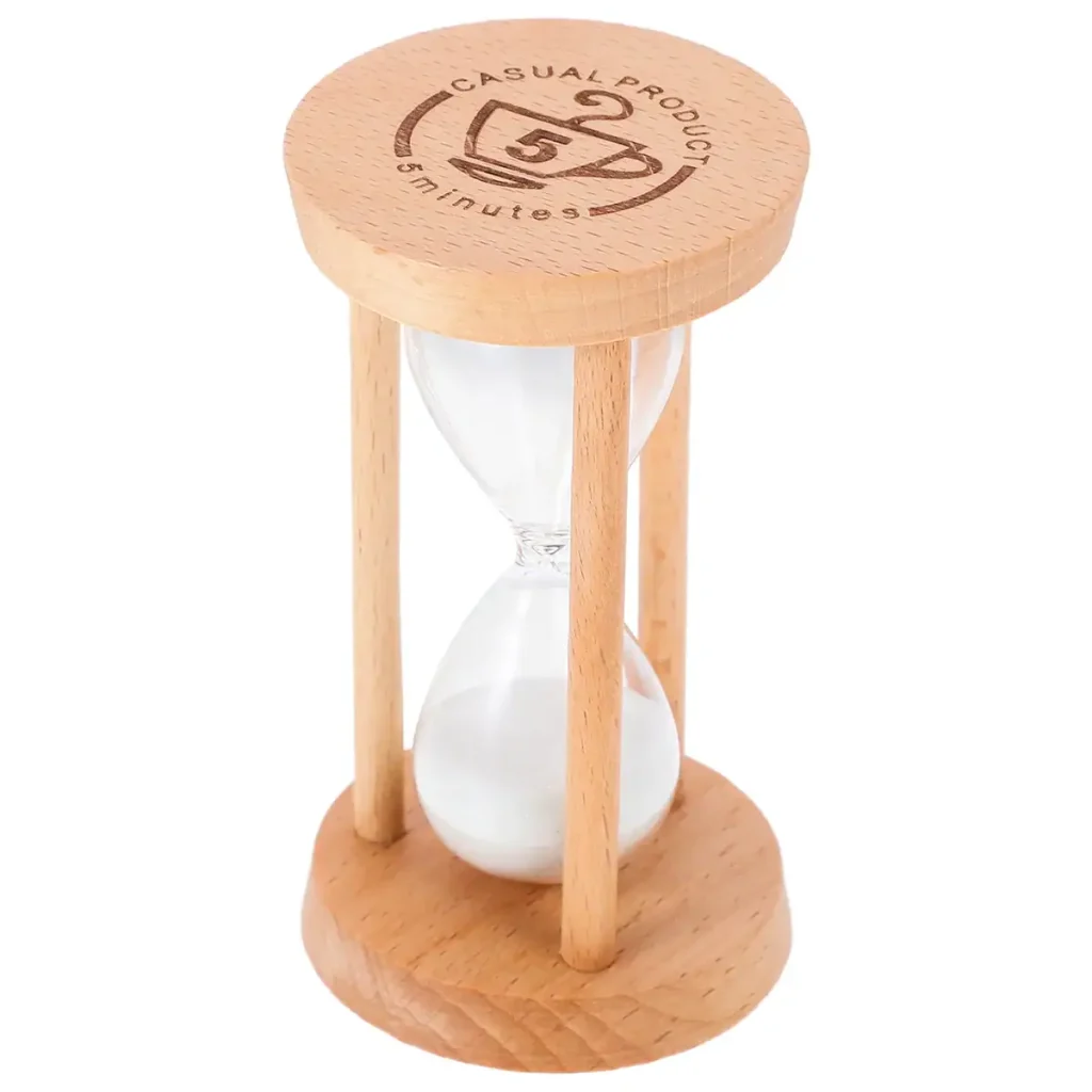Clessidra in legno con sabbia bianca, oggetto decorativo scientifico, perfetto per studi e decorazioni.