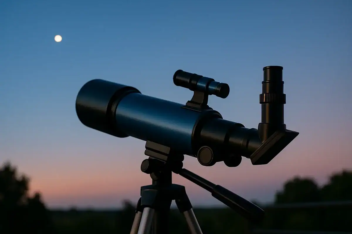 Telescopio astronomico puntato verso il cielo al tramonto, con la luna visibile, ideale come decorazione scientifica per appassionati di astronomia e scienza.
