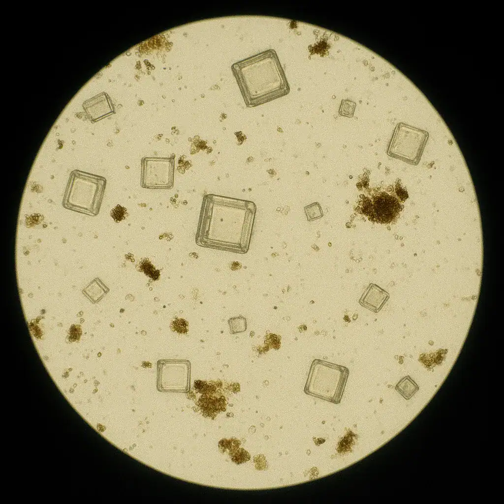 La tua immagine mostra cristalli di sale o zucchero al microscopio, evidenziando forme quadrate e particelle di impurità.