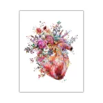 Illustrazione artistica di un cuore umano decorato con fiori, foglie e elementi naturali, combinando scienza e arte in un design floreale e scientifico.