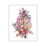 Illustrazione artistica di un cervello umano decorato con fiori e piante, simbolo di creatività, crescita e pensiero positivo. Perfetto come decorazione scientifica e motivazionale.