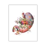 Oggetto decorativo a forma di stomaco con motivi floreali e colori vivaci, ideale come decorazione scientifica o artistica.