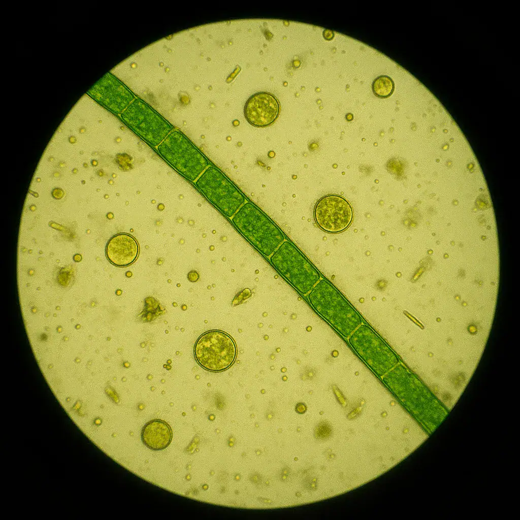 Osservazione al microscopio di una cellula vegetale con parete cellulare verde e numerosi organelli in un campione scientifico.