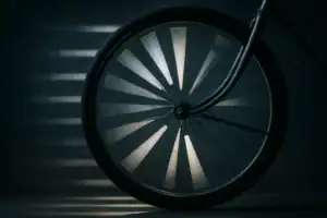 Ruota di bicicletta con design scientifico, illuminata in modo artistico in un ambiente scuro.