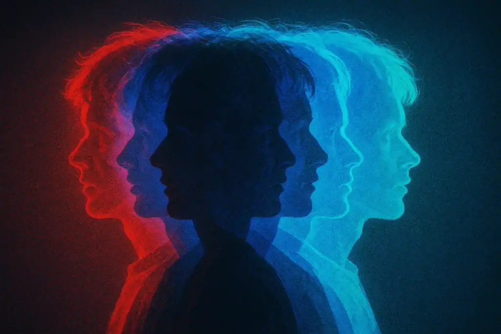 L'immagine mostra una rappresentazione artistica di profili umani sovrapposti in tonalità di blu e rosso, creando un effetto visivo dinamico e suggestivo. Perfetta per decorazioni scientifiche e ambie.