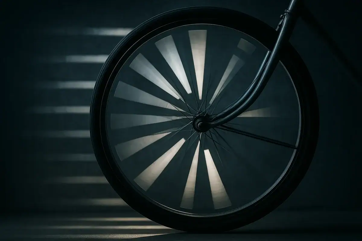 Ruota di bicicletta con design scientifico, illuminata in modo artistico in un ambiente scuro.