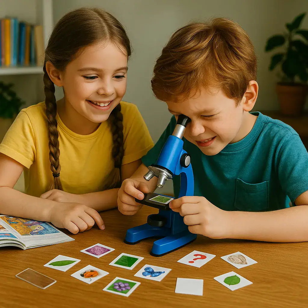 Due bambini che osservano un campione attraverso un microscopio, giocando con carte illustrate di scienze, in un ambiente domestico accogliente.