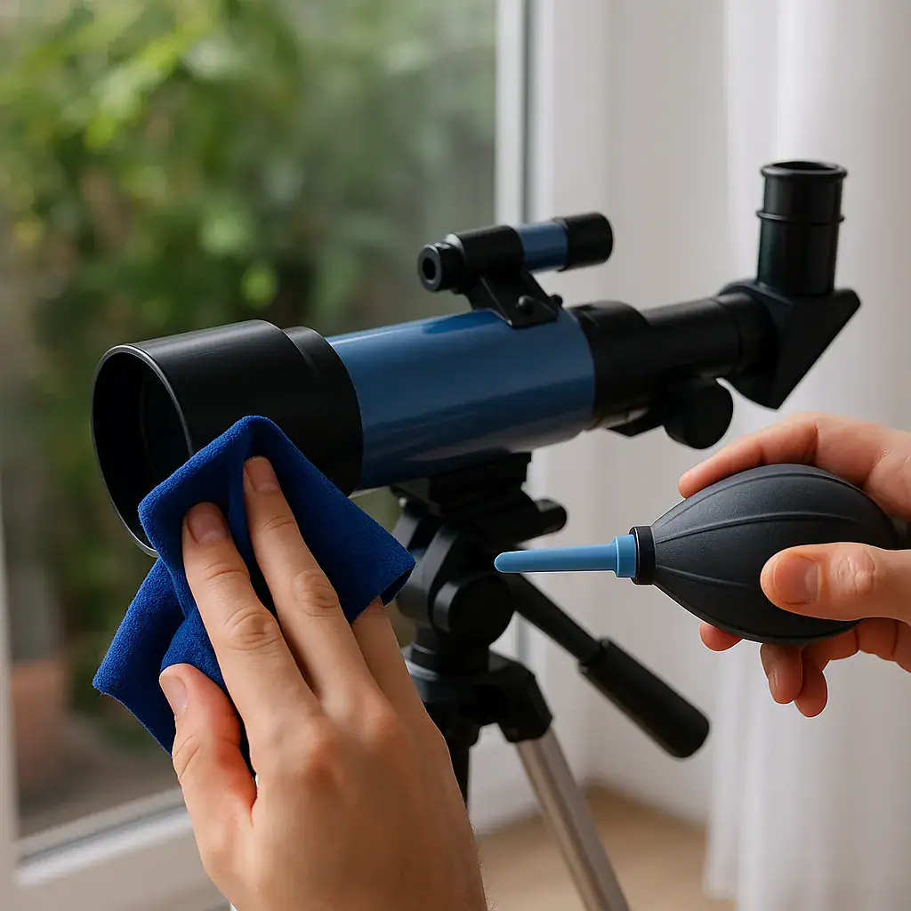 Il telescopio viene pulito con un panno blu, posizionato su un supporto vicino a una finestra. La scena mostra un'attività di manutenzione di strumenti scientifici domestici o educativi.