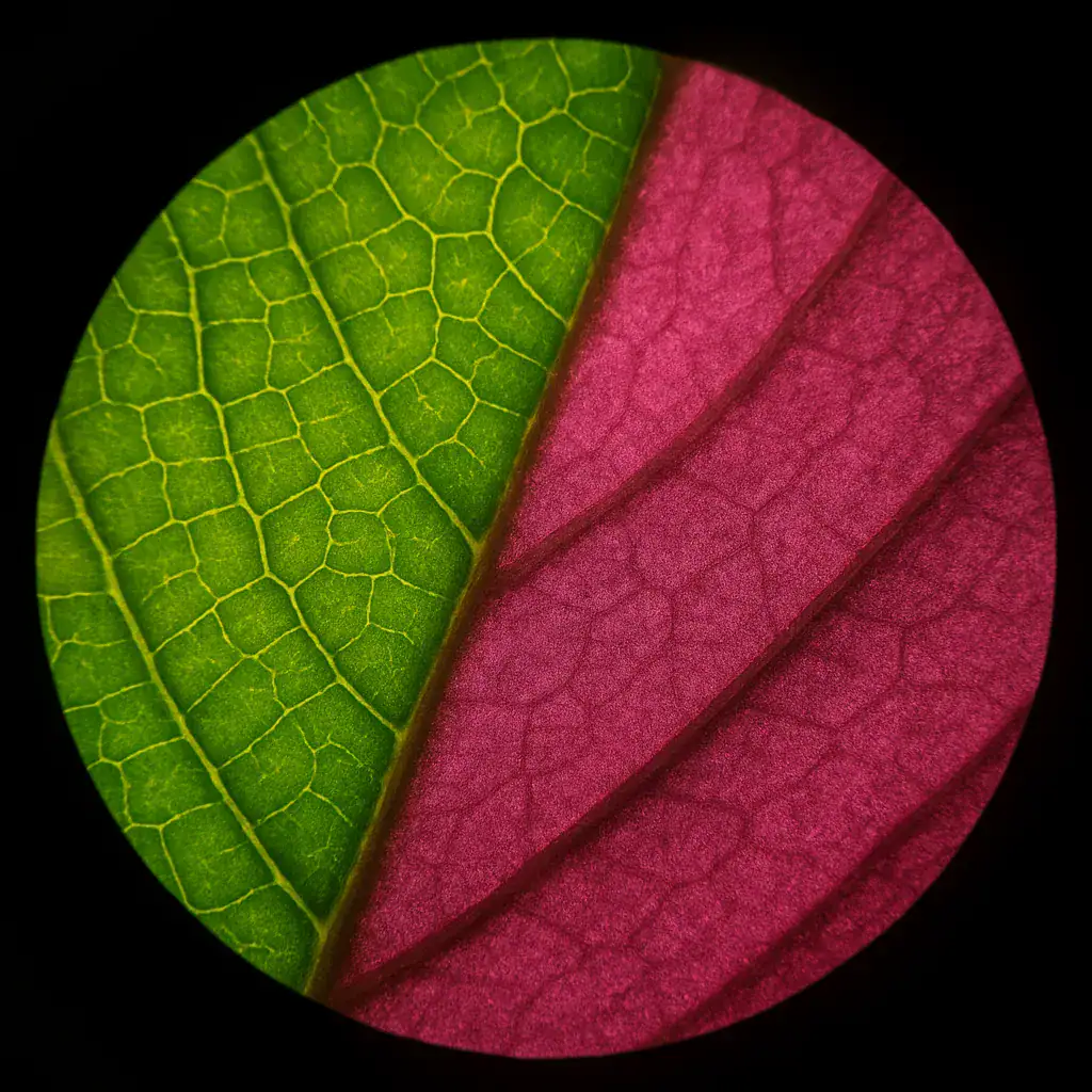 Un primo piano di due foglie, una verde e una rossa, evidenziando le venature e la texture dettagliata delle superfici fogliari.