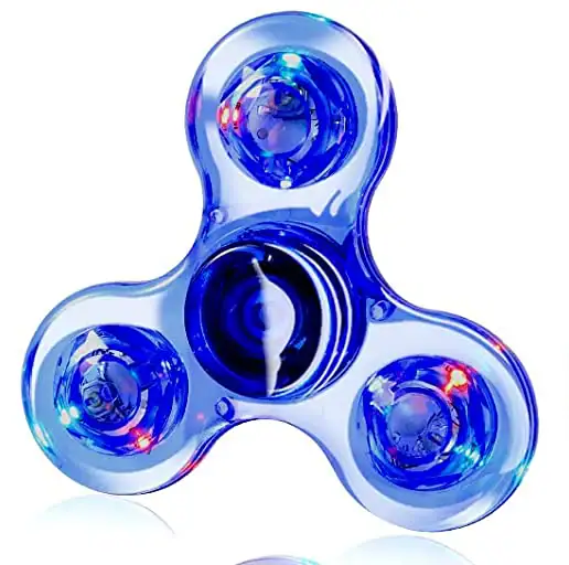 Fidget spinner in vetro blu con dettagli luminosi, oggetto decorativo e giocattolo scientifico, ideale per appassionati di design e scienza, perfetto come decorazione da scrivania.
