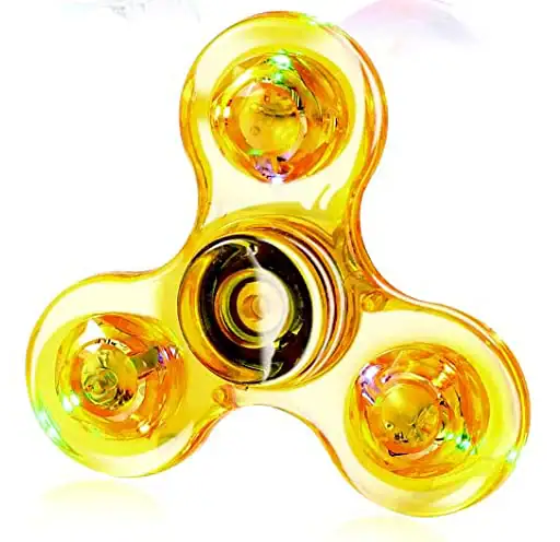 Spinner in vetro giallo trasparente con sfere interne colorate, oggetto decorativo e antistress.