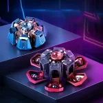 Oggetti scientifici futuristici in esposizione, con luci al neon e design innovativo, ideali come decorazioni per ambienti moderni o appassionati di tecnologia e scienza.