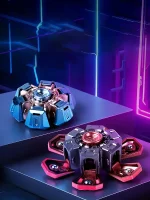 Due dischi magnetici futuristici con design tecnologico, illuminati da luci al neon in un ambiente high-tech, ideali come decorazioni scientifiche moderne e innovative.