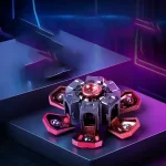 Oggetto scientifico futuristico in neon con luci rosa e blu, design high-tech e dettagli metallici, perfetto come decorazione moderna per appassionati di scienza e tecnologia.