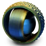 Anello decorativo in metallo con finitura dorata e blu, con superficie textured e dettagli intricati, perfetto come oggetto scientifico o decorativo.