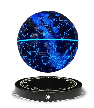 Mappamondo stellare luminoso con costellazioni e stelle in evidenza, ideale come decorazione scientifica e oggetto educativo.