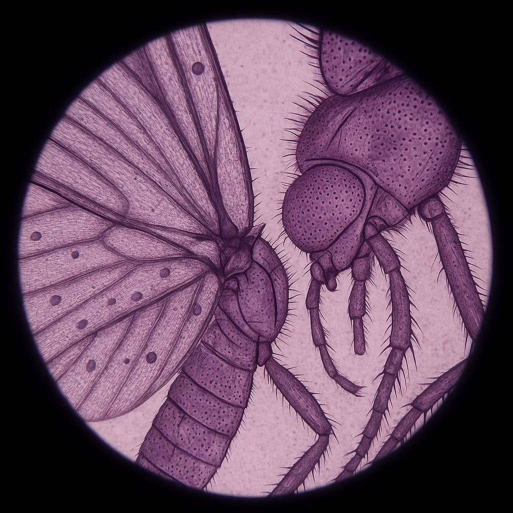 Dettaglio di un insetto microscopico, con ali trasparenti e corpo segmentato, osservato al microscopio in tonalità viola.