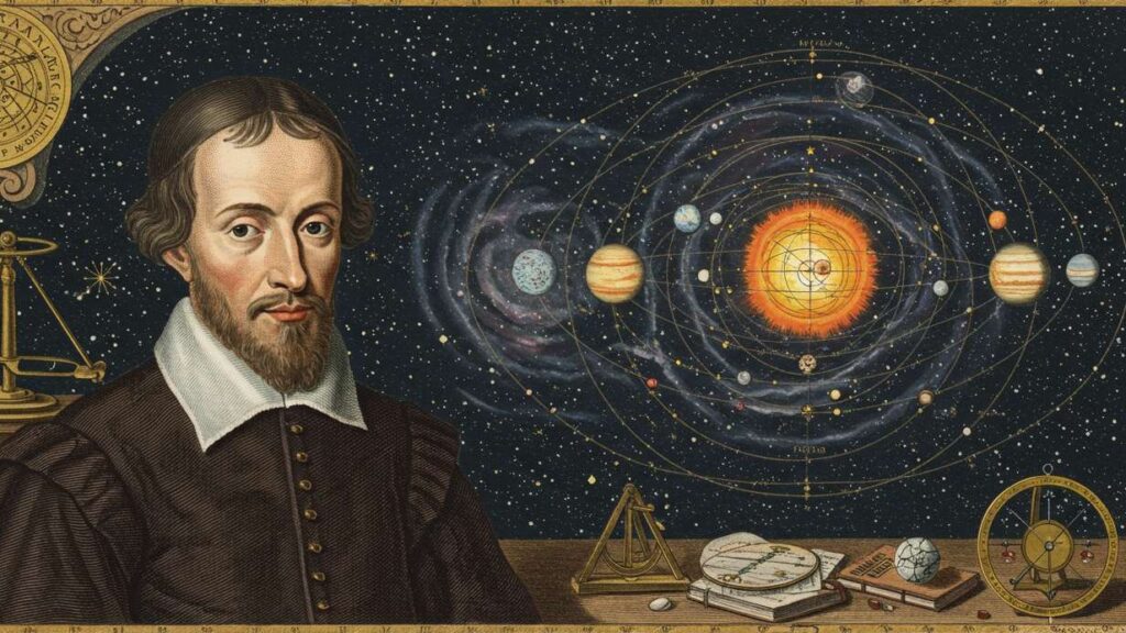 Ritratto di Galileo Galilei con modello del sistema solare.