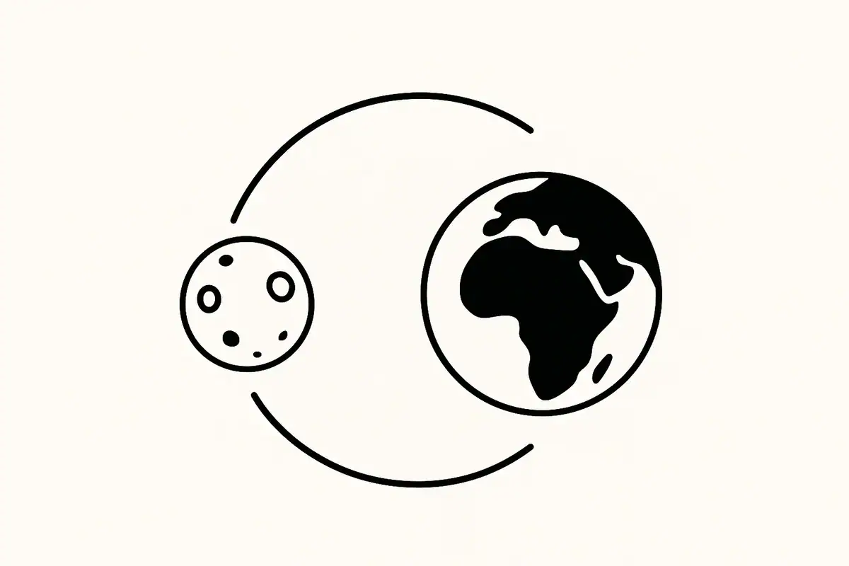 L'immagine mostra un modello stilizzato del sistema solare con la Terra e la Luna, rappresentati in modo semplice e minimalista, collegati da linee curve su uno sfondo chiaro.