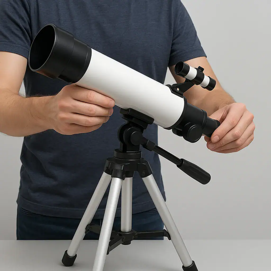 Telescopio astronomico nero e bianco con treppiede, ideale per osservazioni scientifiche e astronomiche.
