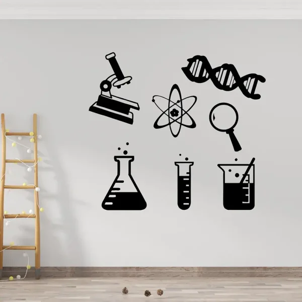 Simboli di strumenti scientifici e molecole su parete bianca.
