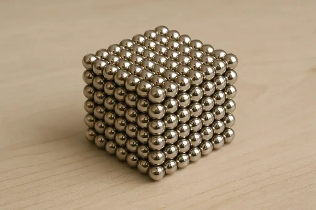 Palline di magneti in acciaio inossidabile disposte in forma di cubo, ideali come oggetti decorativi scientifici o per esperimenti di fisica.