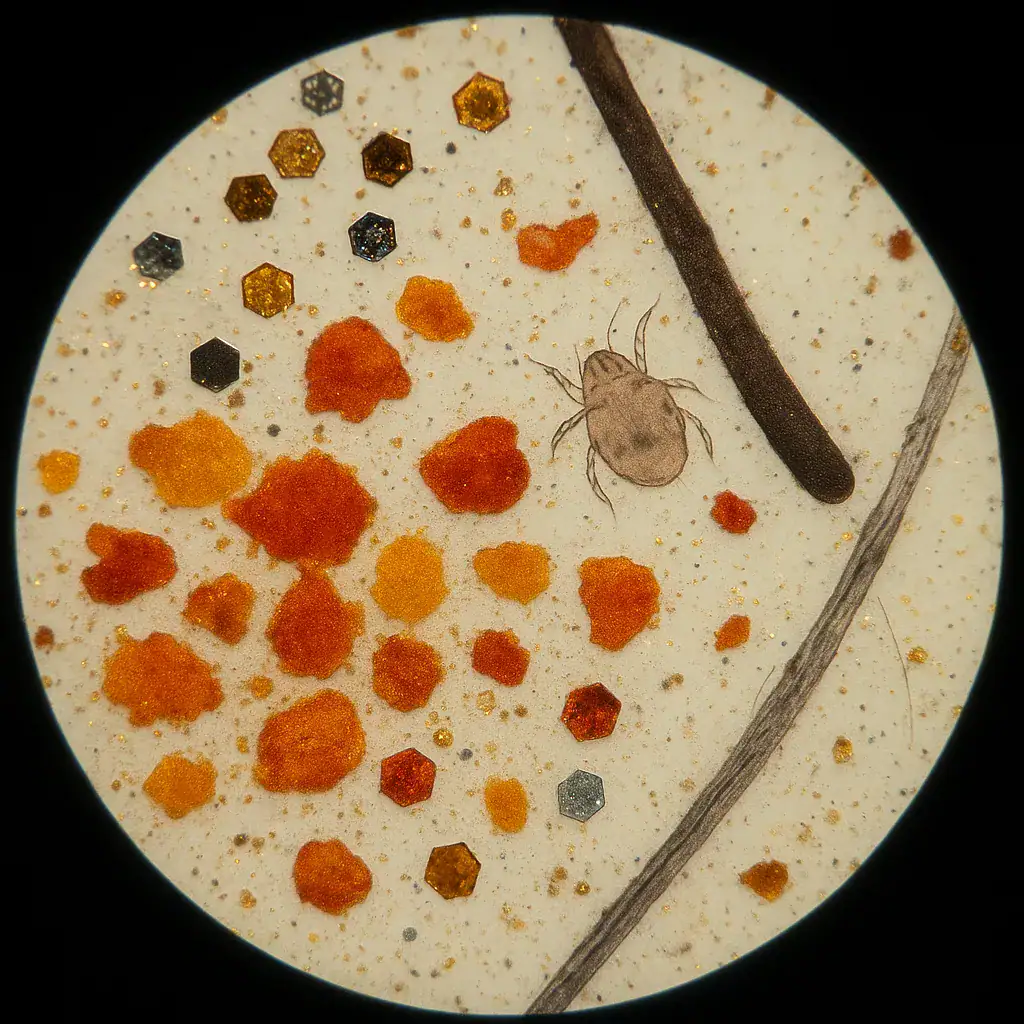 Oggetto scientifico e decorativo con particelle colorate e insetto microscopico.
