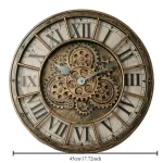 Orologio decorativo in stile steampunk con ingranaggi visibili e design vintage, perfetto come elemento di arredo scientifico e decorativo per ambienti moderni e industriali.
