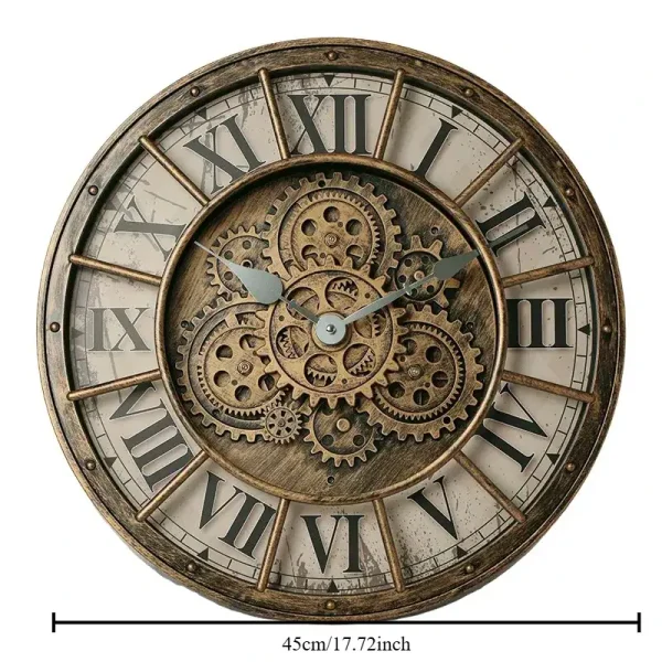Orologio decorativo in stile steampunk con ingranaggi visibili e design vintage, perfetto come elemento di arredo scientifico e decorativo per ambienti moderni e industriali.