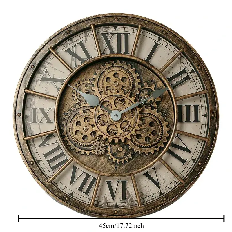 Orologio decorativo in stile steampunk con ingranaggi visibili e design vintage, perfetto come elemento di arredo scientifico e decorativo per ambienti moderni e industriali.