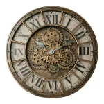 Orologio decorativo con ingranaggi visibili, stile industriale vintage, perfetto come elemento di arredo per appassionati di meccanica e design retrò.
