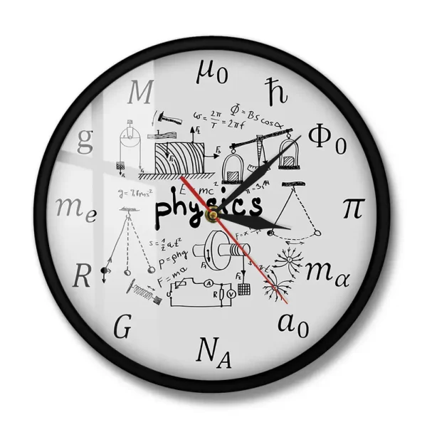 Orologio decorativo con illustrazioni di formule di fisica e simboli scientifici, perfetto come oggetto decorativo per appassionati di scienza e fisica.
