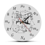 Orologio da parete con design scientifico, simboli e formule di fisica, ideale come decorazione per appassionati di scienza e studenti.