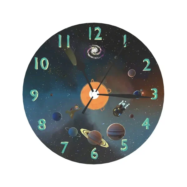 Orologio decorativo a tema spaziale con pianeti, galassie e stelle, perfetto come decorazione scientifica per appassionati di astronomia e spazio.