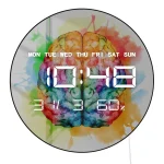 Orologio digitale con design di cervello colorato, mostra i giorni della settimana, l'ora, la data e la percentuale di batteria, ideale come decorazione scientifica moderna.