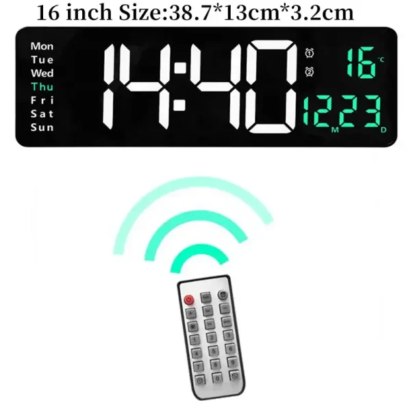 Orologio digitale con grande schermo LED, mostra ora, data, temperatura e umidità, accompagnato da telecomando per impostazioni facili e rapide, ideale per ambienti scientifici e decorativi.