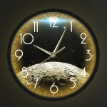 Orologio decorativo con sfondo di spazio stellato e superficie lunare, perfetto come oggetto scientifico o decorazione ispirata all'universo.