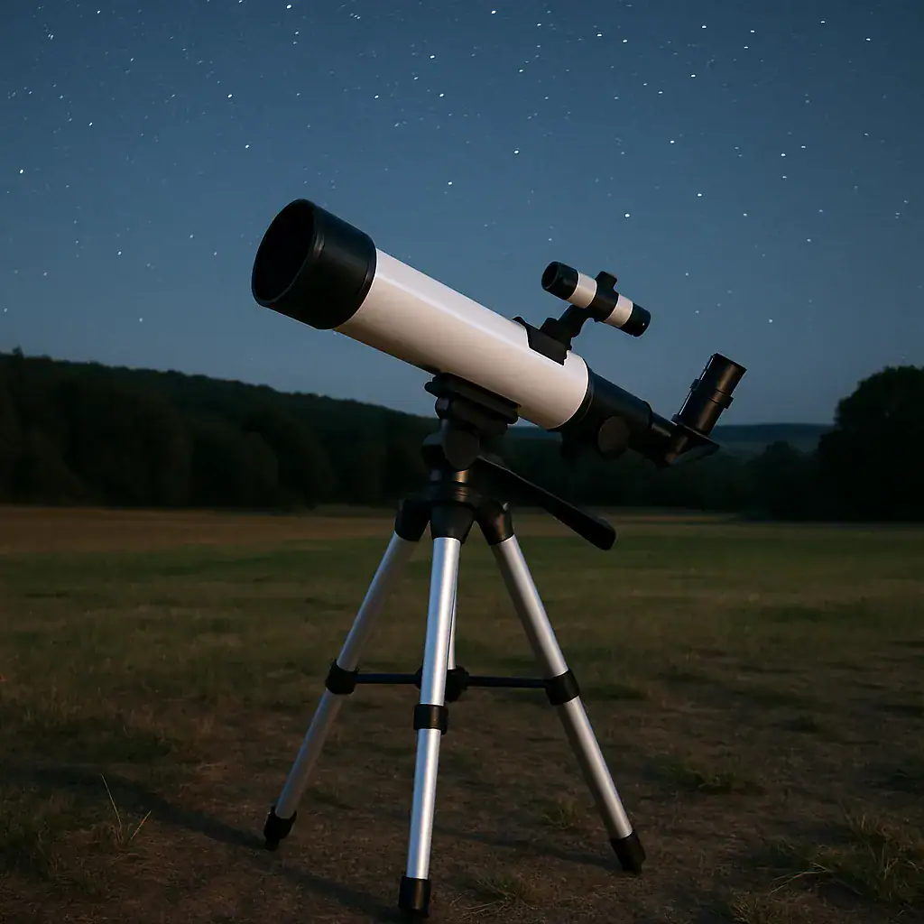 Guida astronomica con telescopio su campo aperto sotto un cielo stellato notturno, ideale per osservazioni astronomiche e astronomia amatoriale.