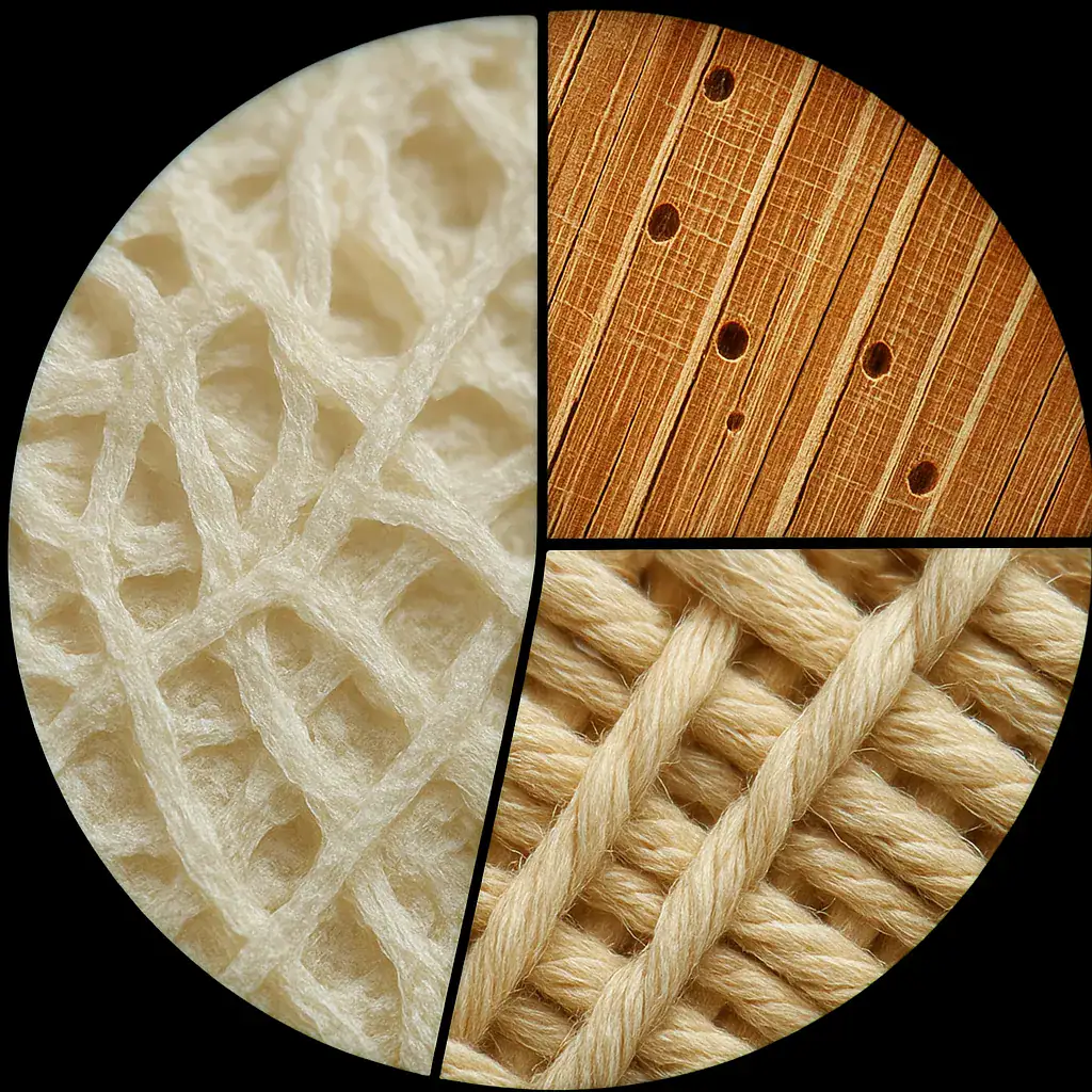 Tessuto in fibra naturale, dettaglio di una superficie in legno con fori, e corda di juta intrecciata, rappresentando materiali utilizzati in decorazioni e oggetti scientifici artigianali.