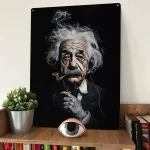 Poster artistico di Einstein con sigaretta, stile realistico e dettagliato, decorazione scientifica moderna per ambienti di studio o ufficio.