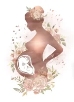 Vaso decorativo con silhouette di donna incinta, arricchito da fiori rosa e verdi, ideale come oggetto decorativo e simbolo di maternità e crescita.