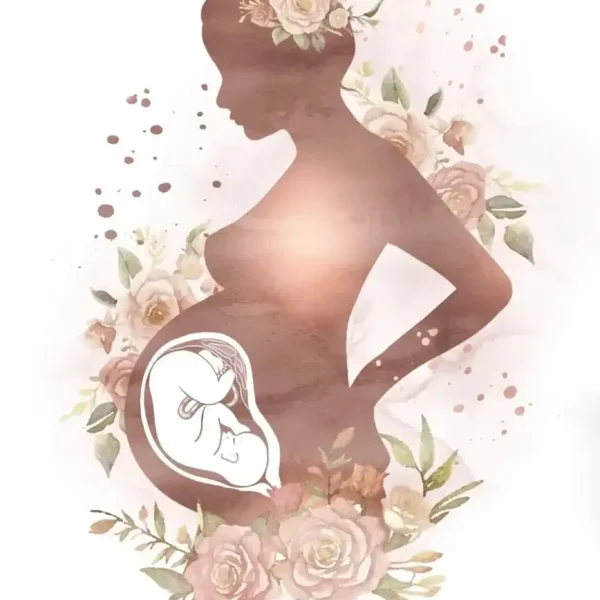 Vaso decorativo con silhouette di donna incinta, arricchito da fiori rosa e verdi, ideale come oggetto decorativo e simbolo di maternità e crescita.