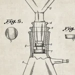 Disegno tecnico di un vaso di laboratorio con dettagli di componenti e raccordi, in stile vintage, ideale come decorazione scientifica.