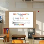 Spettro elettromagnetico con diagramma e onde visibili, illustrato su schermo in aula scolastica.